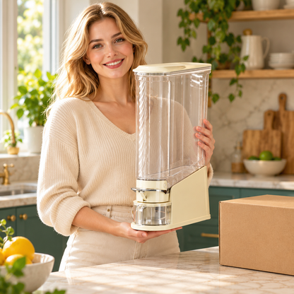 Slim Cream Rice Storage Dispenser with Clear Hopper, Front Lever & Collecting Cup for Organized Kitchens — model female