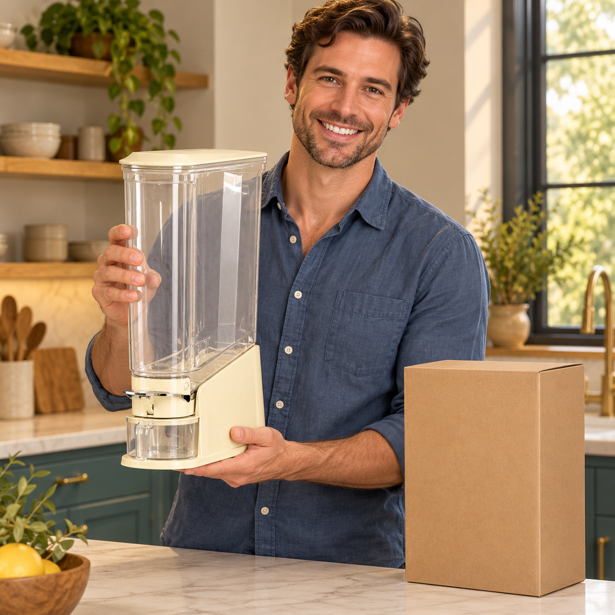 Slim Cream Rice Storage Dispenser with Clear Hopper, Front Lever & Collecting Cup for Organized Kitchens — model male