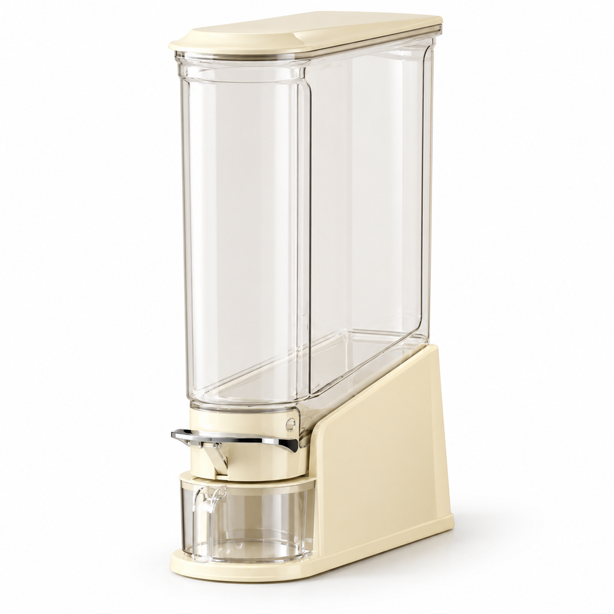 Slim Cream Rice Storage Dispenser with Clear Hopper, Front Lever & Collecting Cup for Organized Kitchens — white background
