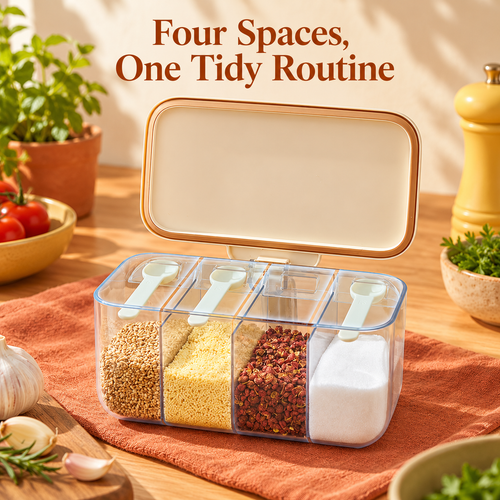 Four-Compartment Seasoning Box with Clear Dividers, Hinged Cream Lid & Neat Countertop Storage — Four Spaces, One Tidy Routine
