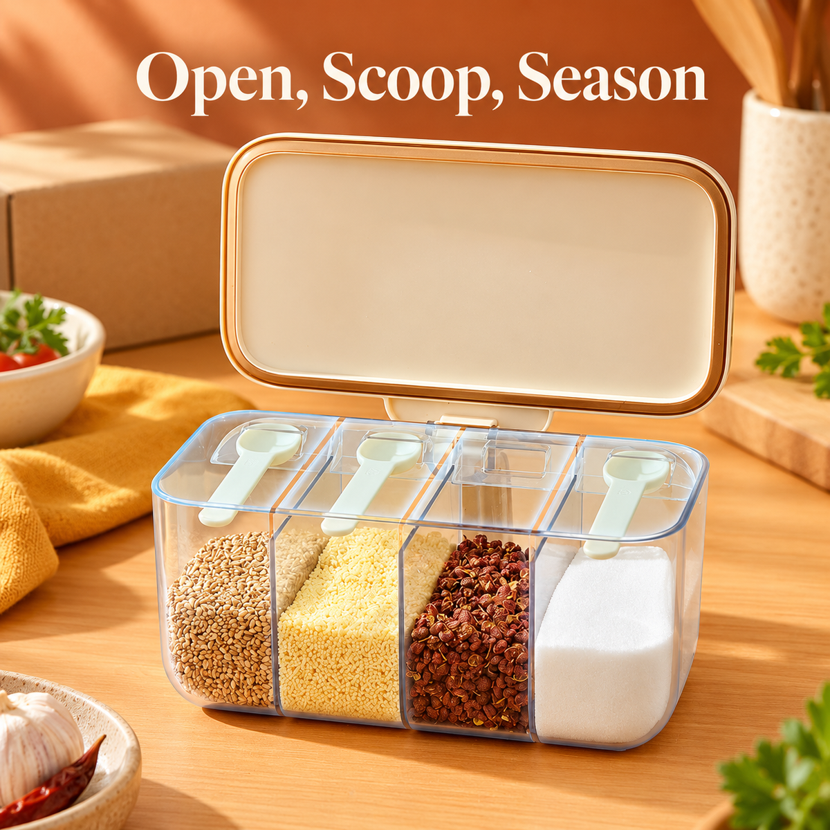 Four-Compartment Seasoning Box with Clear Dividers, Hinged Cream Lid & Neat Countertop Storage — Open, Scoop, Season