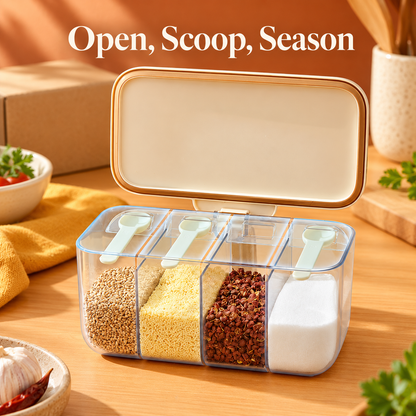 Four-Compartment Seasoning Box with Clear Dividers, Hinged Cream Lid & Neat Countertop Storage — Open, Scoop, Season
