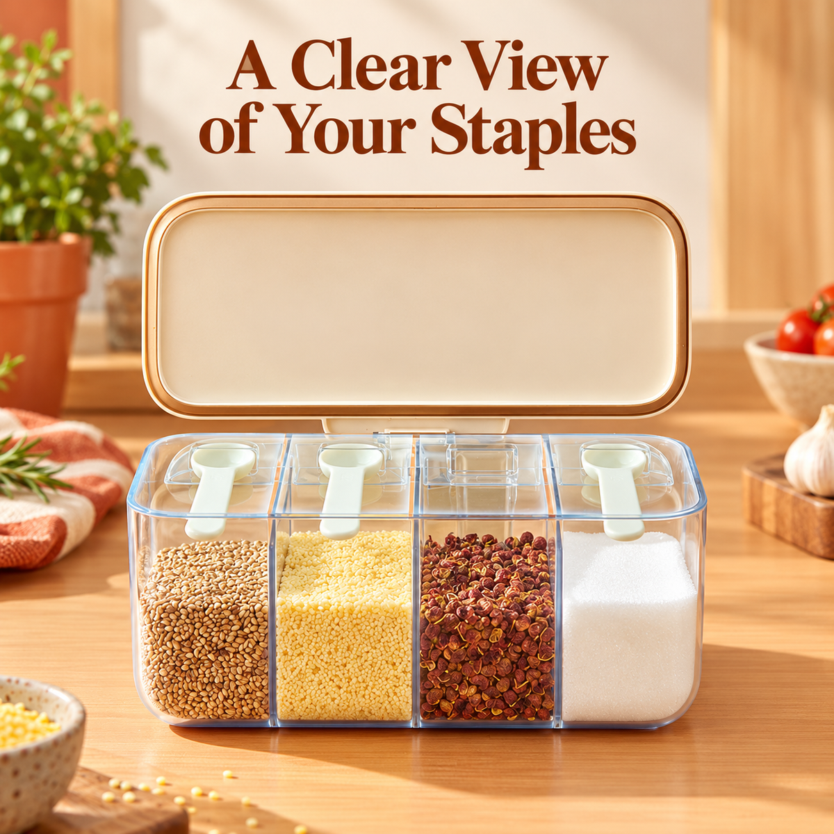 Four-Compartment Seasoning Box with Clear Dividers, Hinged Cream Lid & Neat Countertop Storage — A Clear View of Your Staples