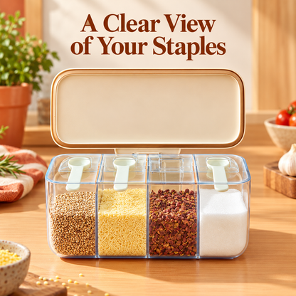 Four-Compartment Seasoning Box with Clear Dividers, Hinged Cream Lid & Neat Countertop Storage — A Clear View of Your Staples