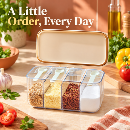 Four-Compartment Seasoning Box with Clear Dividers, Hinged Cream Lid & Neat Countertop Storage — A Little Order, Every Day