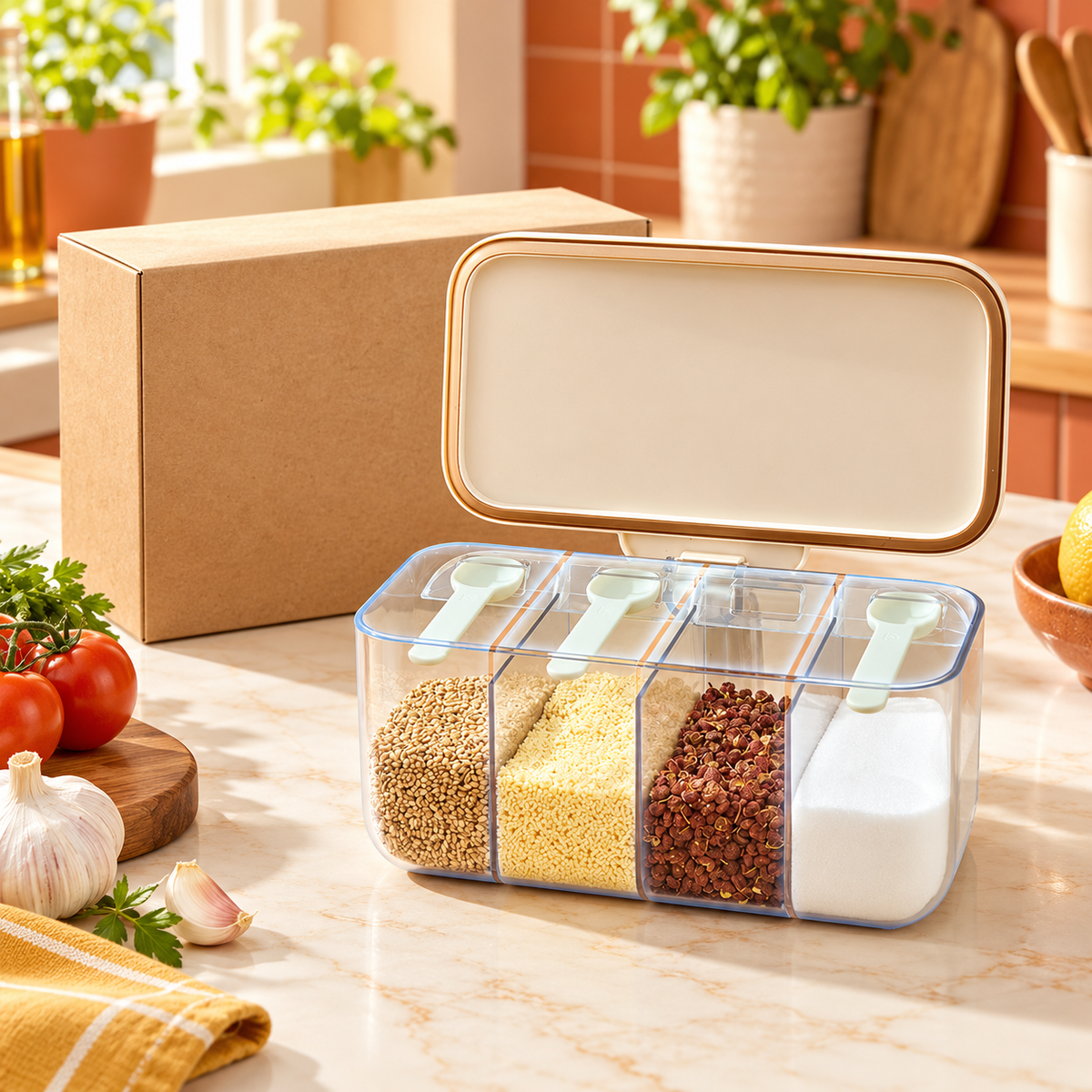 Four-Compartment Seasoning Box with Clear Dividers, Hinged Cream Lid & Neat Countertop Storage — main view with plain kraft packaging