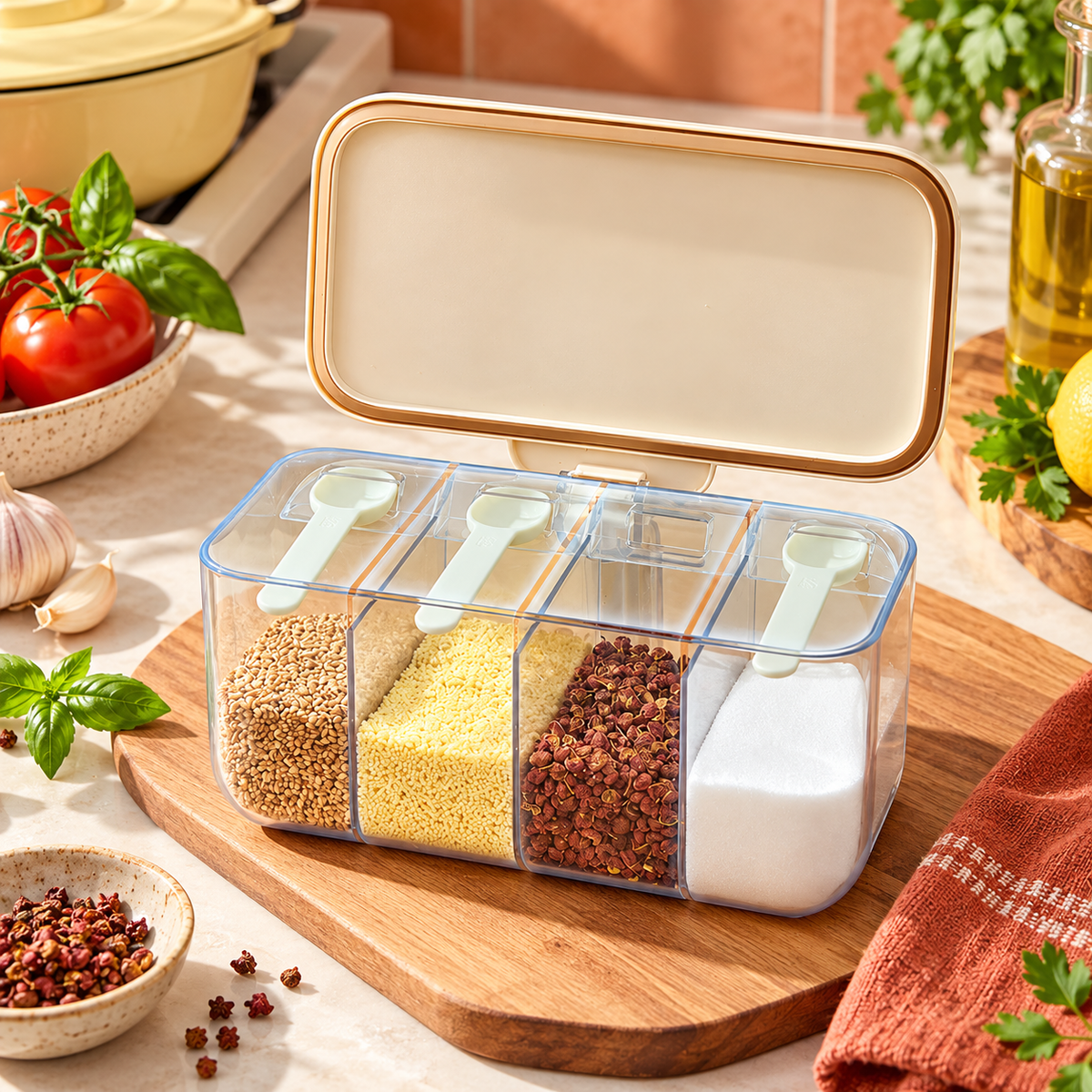 Four-Compartment Seasoning Box with Clear Dividers, Hinged Cream Lid & Neat Countertop Storage — main 02