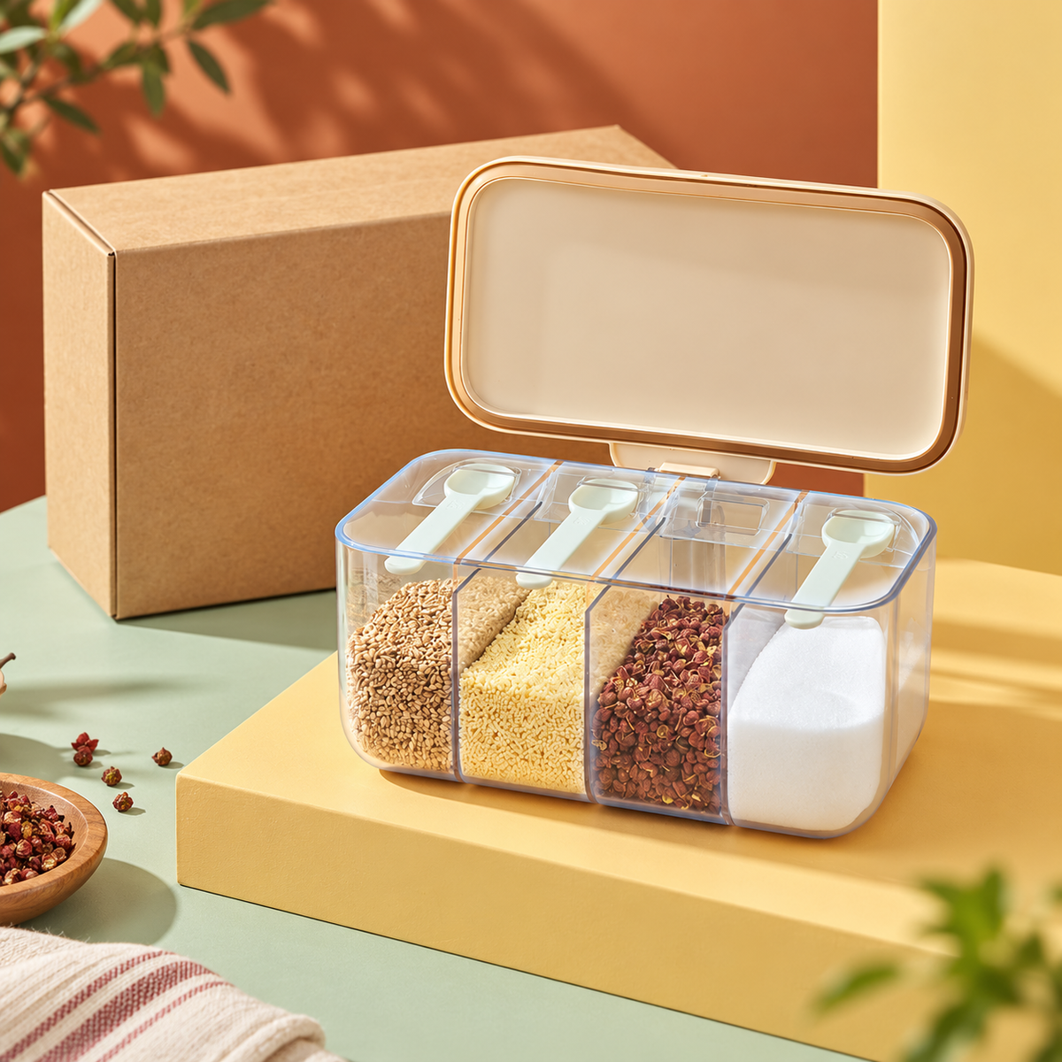 Four-Compartment Seasoning Box with Clear Dividers, Hinged Cream Lid & Neat Countertop Storage — main 03