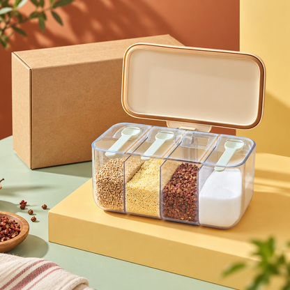 Four-Compartment Seasoning Box with Clear Dividers, Hinged Cream Lid & Neat Countertop Storage — main 03