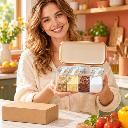 Four-Compartment Seasoning Box with Clear Dividers, Hinged Cream Lid & Neat Countertop Storage — model female