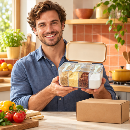 Four-Compartment Seasoning Box with Clear Dividers, Hinged Cream Lid & Neat Countertop Storage — model male