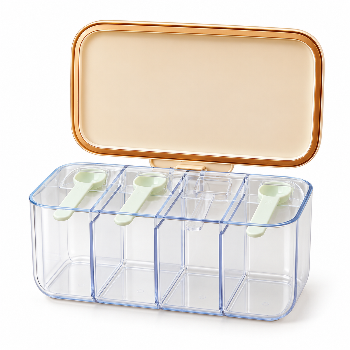 Four-Compartment Seasoning Box with Clear Dividers, Hinged Cream Lid & Neat Countertop Storage — white background