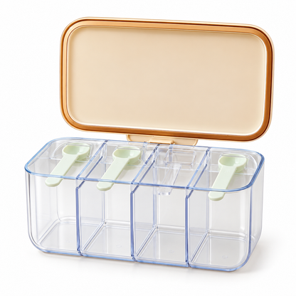 Four-Compartment Seasoning Box with Clear Dividers, Hinged Cream Lid & Neat Countertop Storage — white background