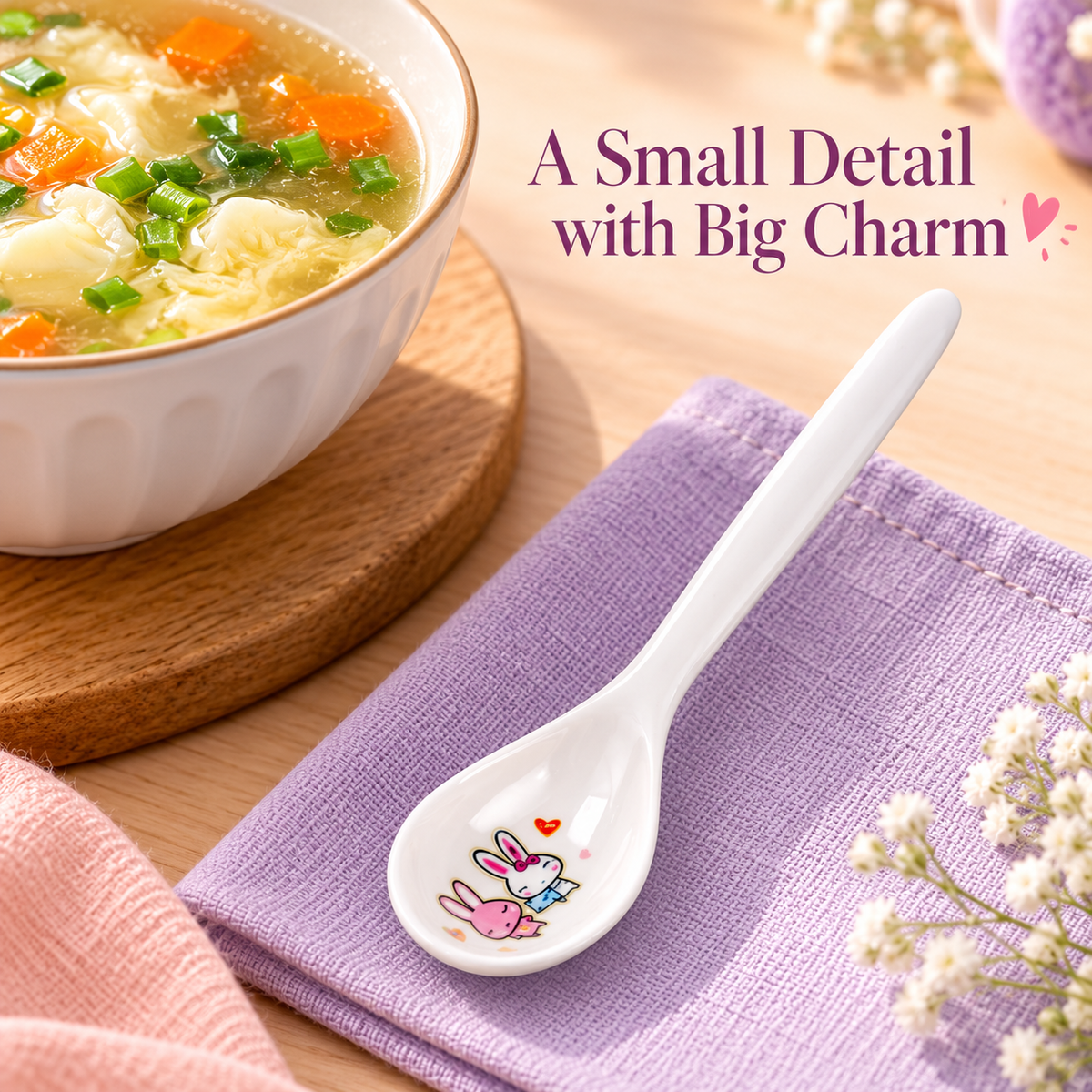 White Bunny-Print Soup Spoon with Long Slim Handle & Rounded Bowl for Everyday Table Settings — A Small Detail with Big Charm