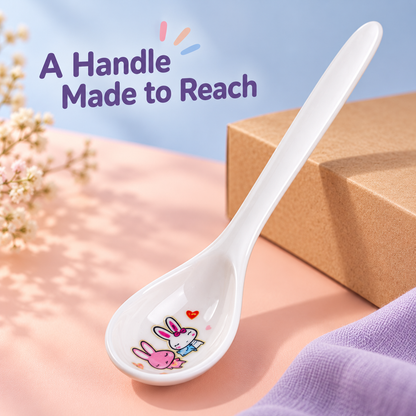 White Bunny-Print Soup Spoon with Long Slim Handle & Rounded Bowl for Everyday Table Settings — A Handle Made to Reach