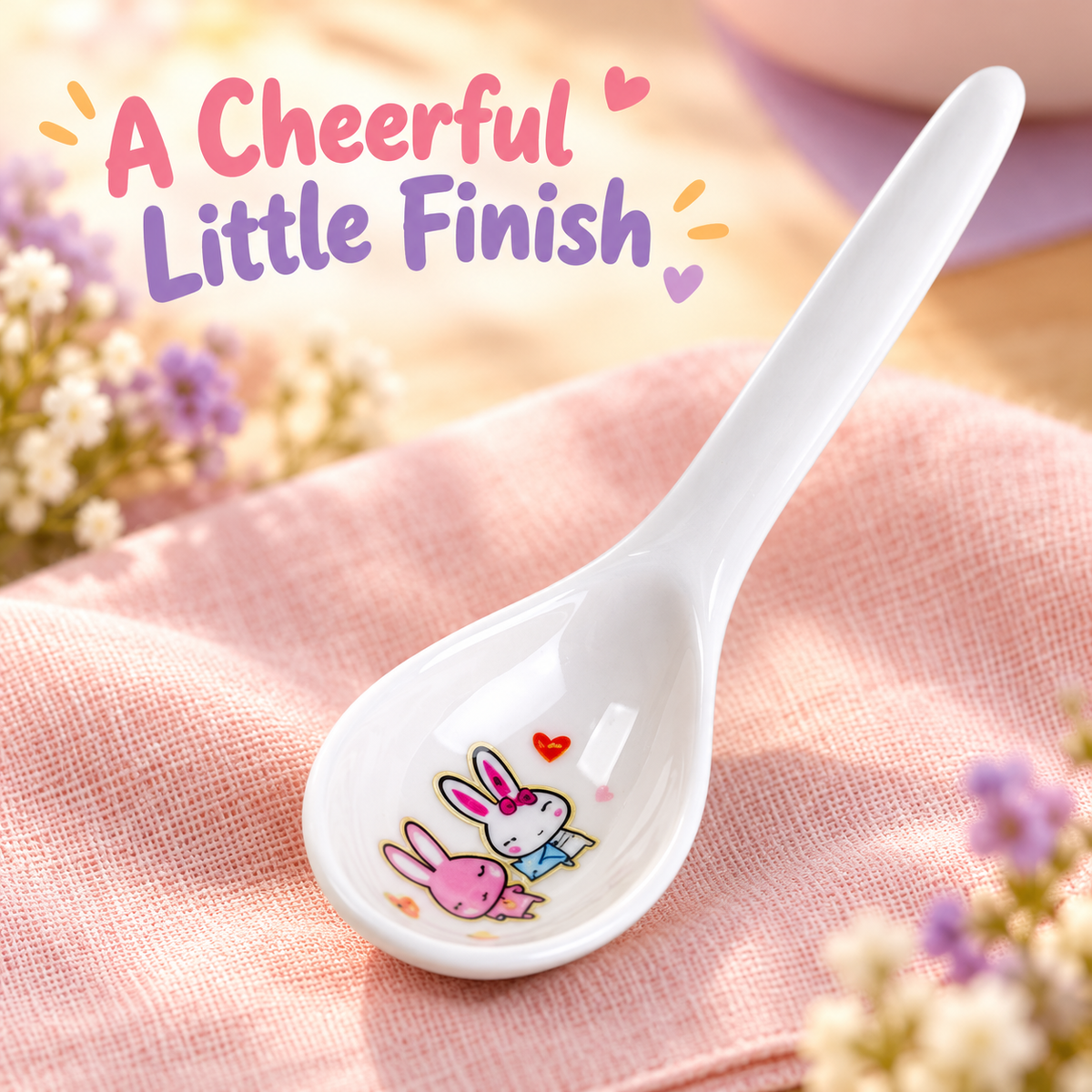 White Bunny-Print Soup Spoon with Long Slim Handle & Rounded Bowl for Everyday Table Settings — A Cheerful Little Finish