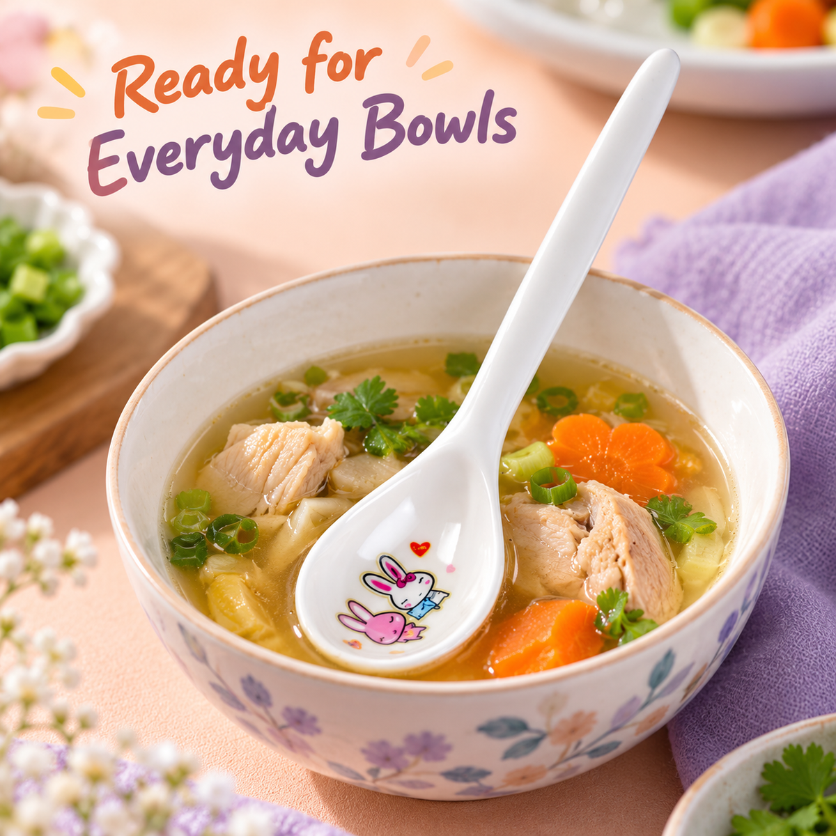 White Bunny-Print Soup Spoon with Long Slim Handle & Rounded Bowl for Everyday Table Settings — Ready for Everyday Bowls