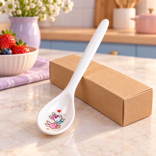 White Bunny-Print Soup Spoon with Long Slim Handle & Rounded Bowl for Everyday Table Settings — main view with plain kraft packaging