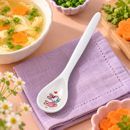 White Bunny-Print Soup Spoon with Long Slim Handle & Rounded Bowl for Everyday Table Settings — main 02