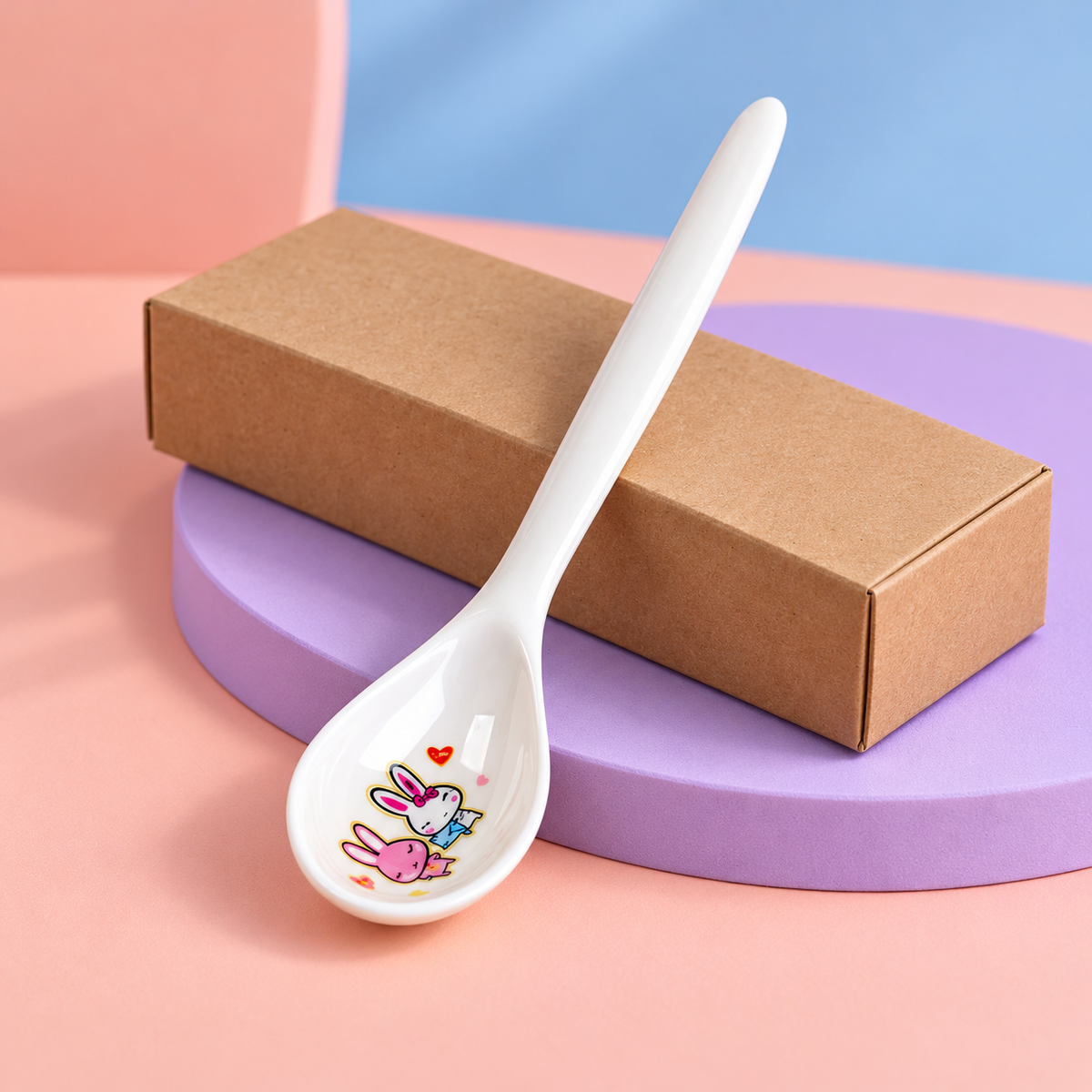 White Bunny-Print Soup Spoon with Long Slim Handle & Rounded Bowl for Everyday Table Settings — main 03
