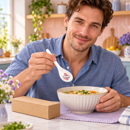 White Bunny-Print Soup Spoon with Long Slim Handle & Rounded Bowl for Everyday Table Settings — male lifestyle model holding product