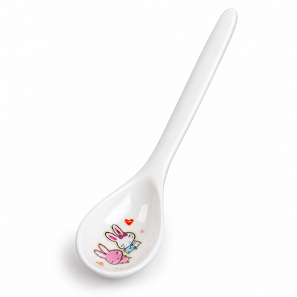 White Bunny-Print Soup Spoon with Long Slim Handle & Rounded Bowl for Everyday Table Settings — isolated on white background