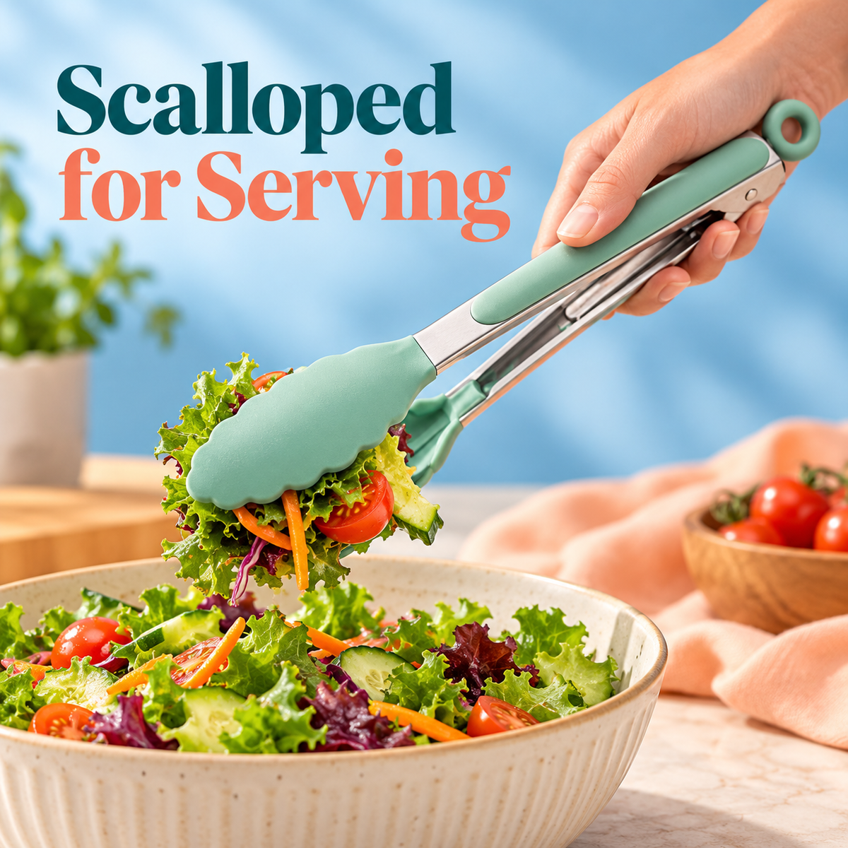 Mint Green Kitchen Food Tongs with Scalloped Tips, Cushioned Grips & Hanging Loop — detail 01