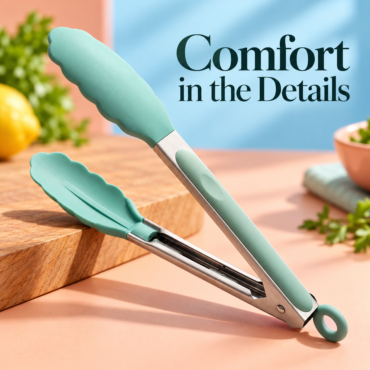 Mint Green Kitchen Food Tongs with Scalloped Tips, Cushioned Grips & Hanging Loop — detail 02