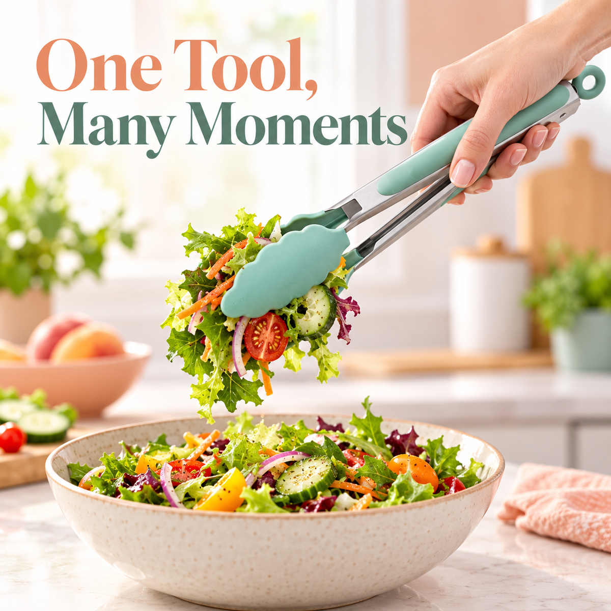 Mint Green Kitchen Food Tongs with Scalloped Tips, Cushioned Grips & Hanging Loop — detail 03