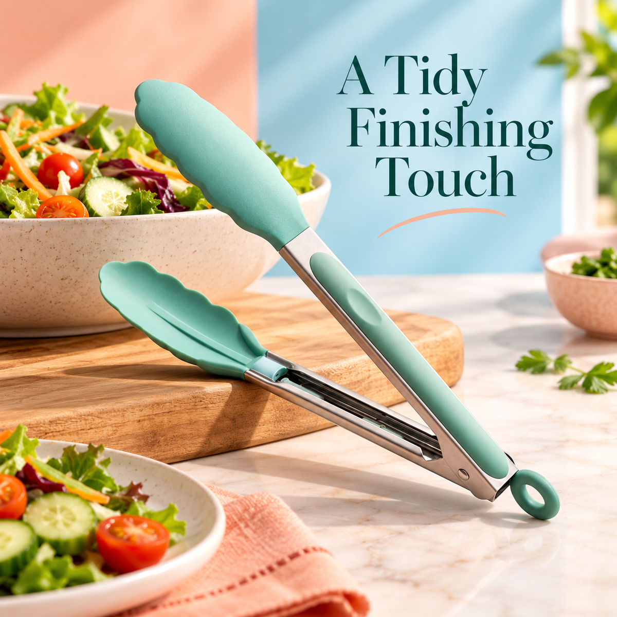 Mint Green Kitchen Food Tongs with Scalloped Tips, Cushioned Grips & Hanging Loop — detail 04