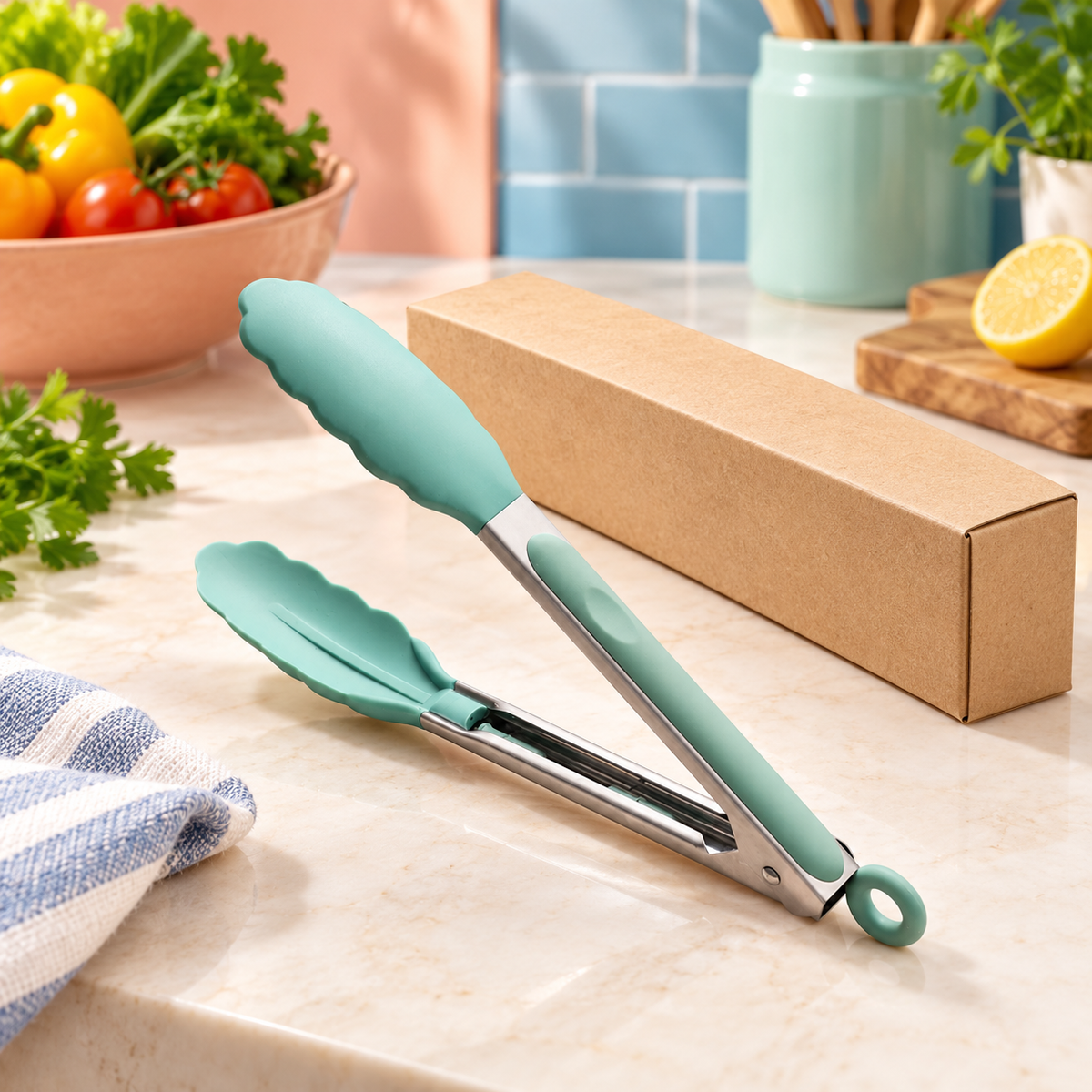 Mint-green scalloped kitchen tongs beside unprinted kraft packaging