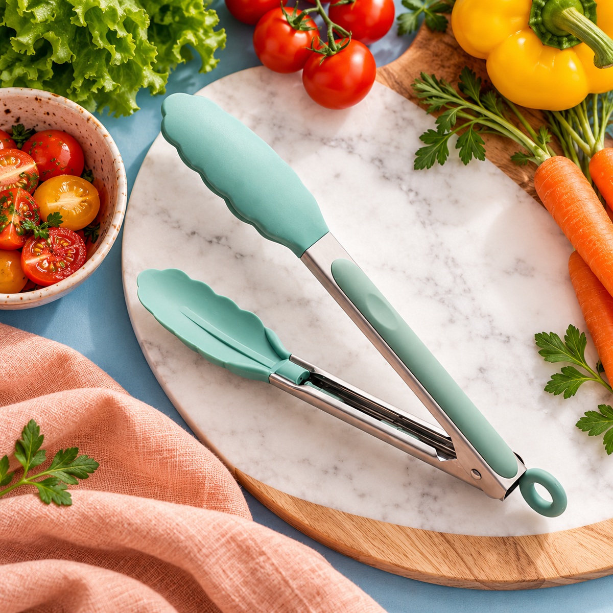 Mint Green Kitchen Food Tongs with Scalloped Tips, Cushioned Grips & Hanging Loop — main 02