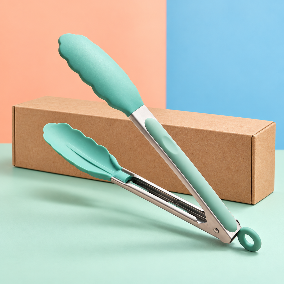 Mint Green Kitchen Food Tongs with Scalloped Tips, Cushioned Grips & Hanging Loop — main 03