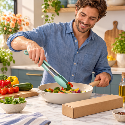 Mint Green Kitchen Food Tongs with Scalloped Tips, Cushioned Grips & Hanging Loop — model male