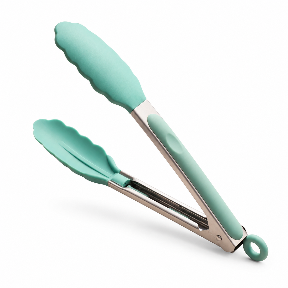 Mint Green Kitchen Food Tongs with Scalloped Tips, Cushioned Grips & Hanging Loop — white background