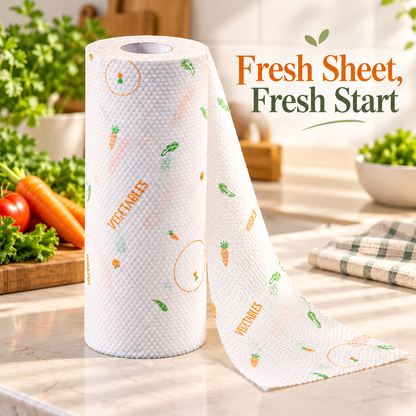 Vegetable-Print Disposable Kitchen Cleaning Cloth Roll with Textured White Sheets — Fresh Sheet, Fresh Start