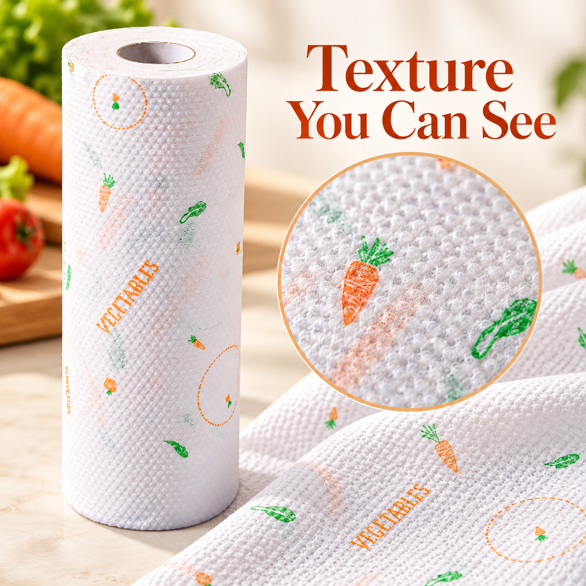 Vegetable-Print Disposable Kitchen Cleaning Cloth Roll with Textured White Sheets — Texture You Can See