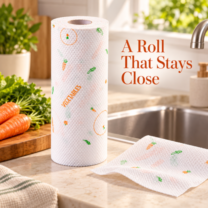 Vegetable-Print Disposable Kitchen Cleaning Cloth Roll with Textured White Sheets — A Roll That Stays Close