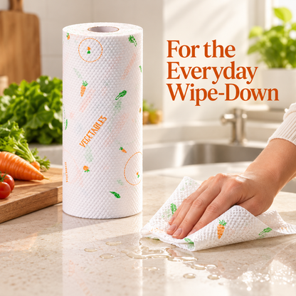 Vegetable-Print Disposable Kitchen Cleaning Cloth Roll with Textured White Sheets — For the Everyday Wipe-Down