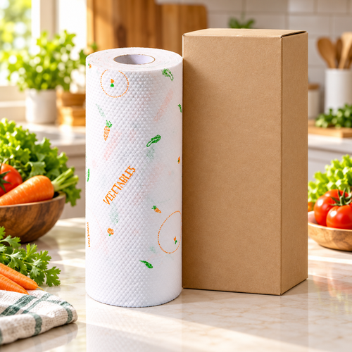 Vegetable-Print Disposable Kitchen Cleaning Cloth Roll with Textured White Sheets — main view with plain kraft packaging