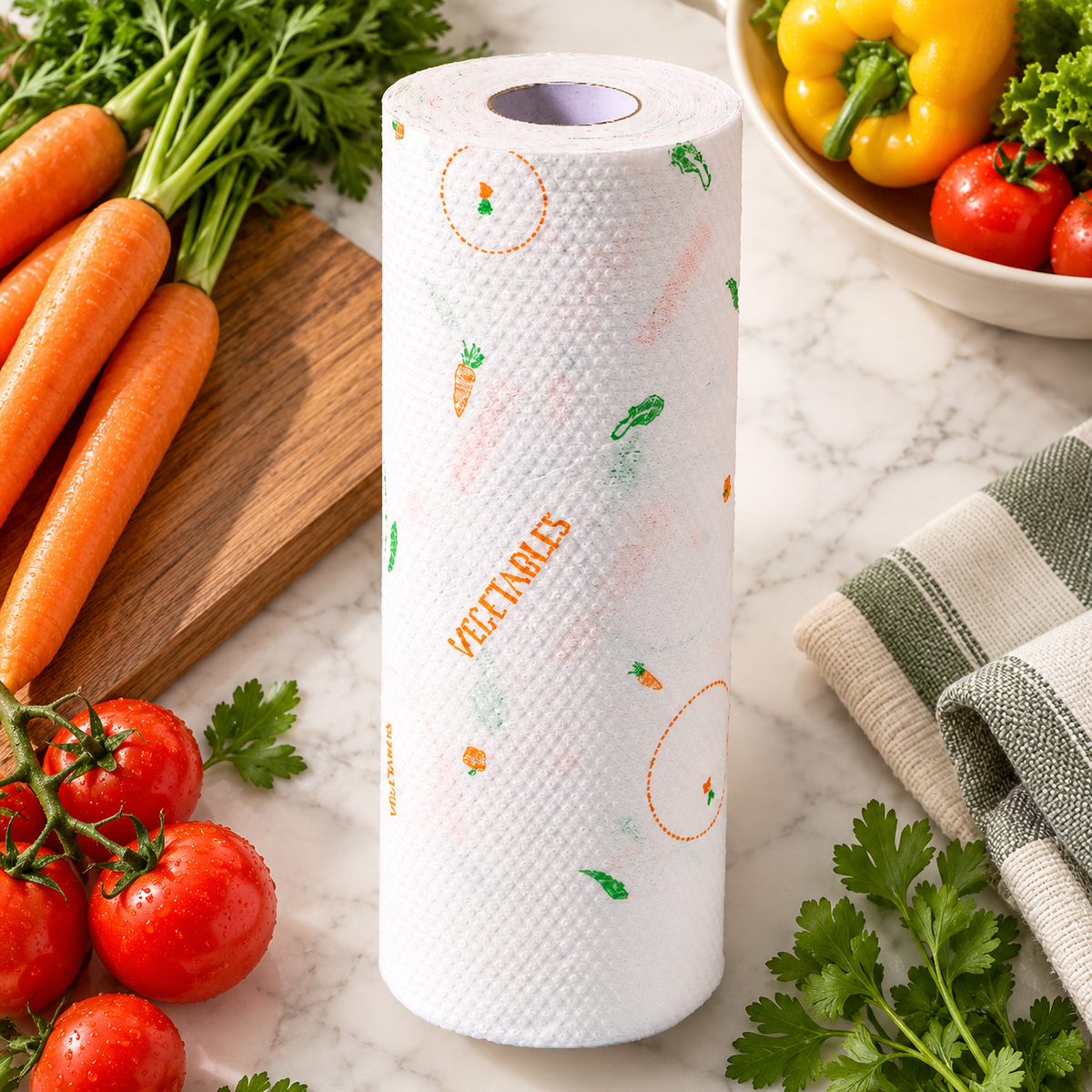 Vegetable-Print Disposable Kitchen Cleaning Cloth Roll with Textured White Sheets — main 02