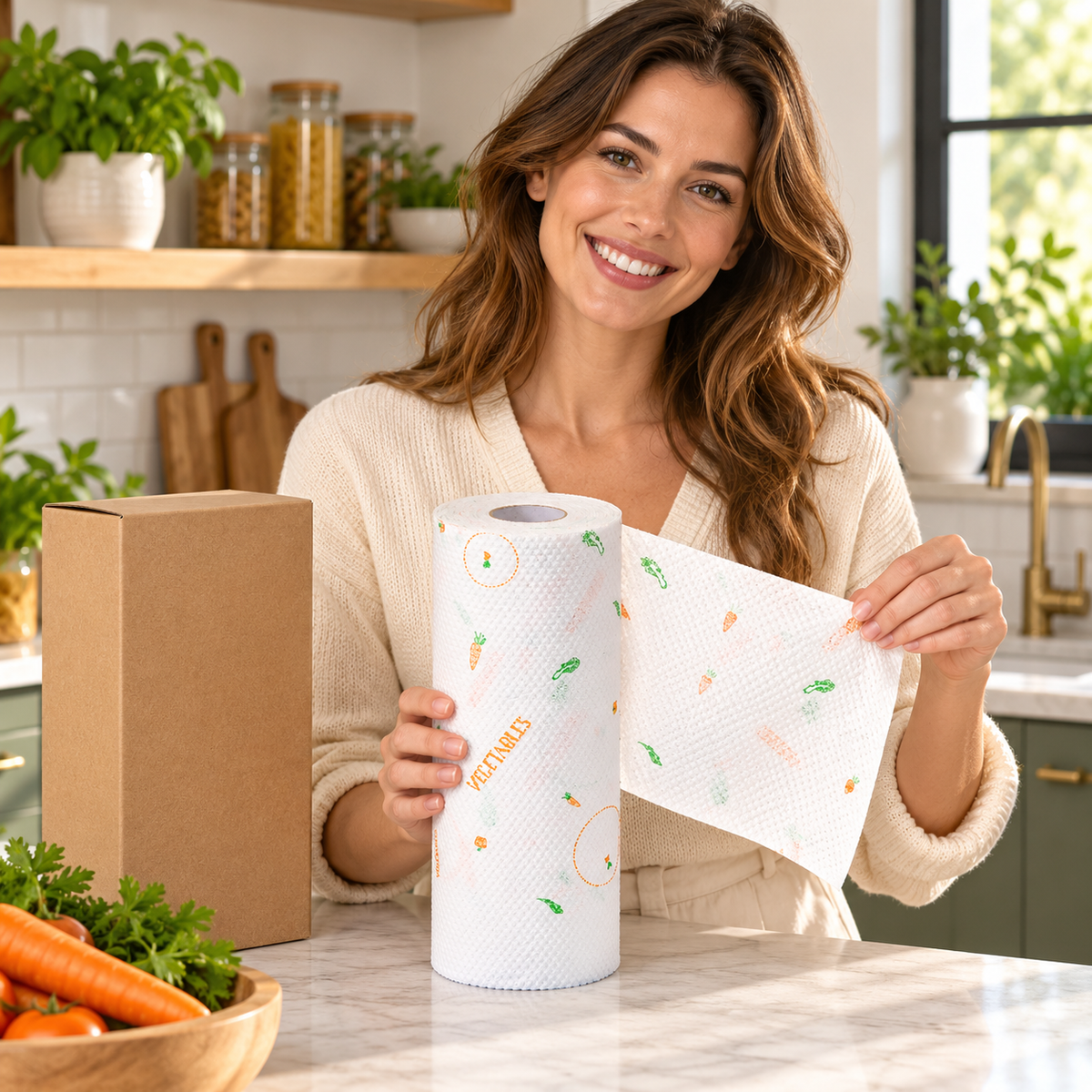 Vegetable-Print Disposable Kitchen Cleaning Cloth Roll with Textured White Sheets — female lifestyle model holding product