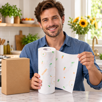 Vegetable-Print Disposable Kitchen Cleaning Cloth Roll with Textured White Sheets — male lifestyle model holding product
