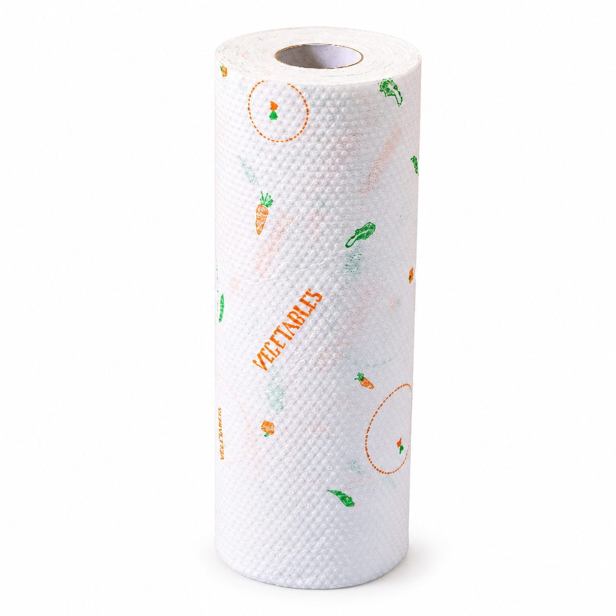 Vegetable-Print Disposable Kitchen Cleaning Cloth Roll with Textured White Sheets — isolated on white background